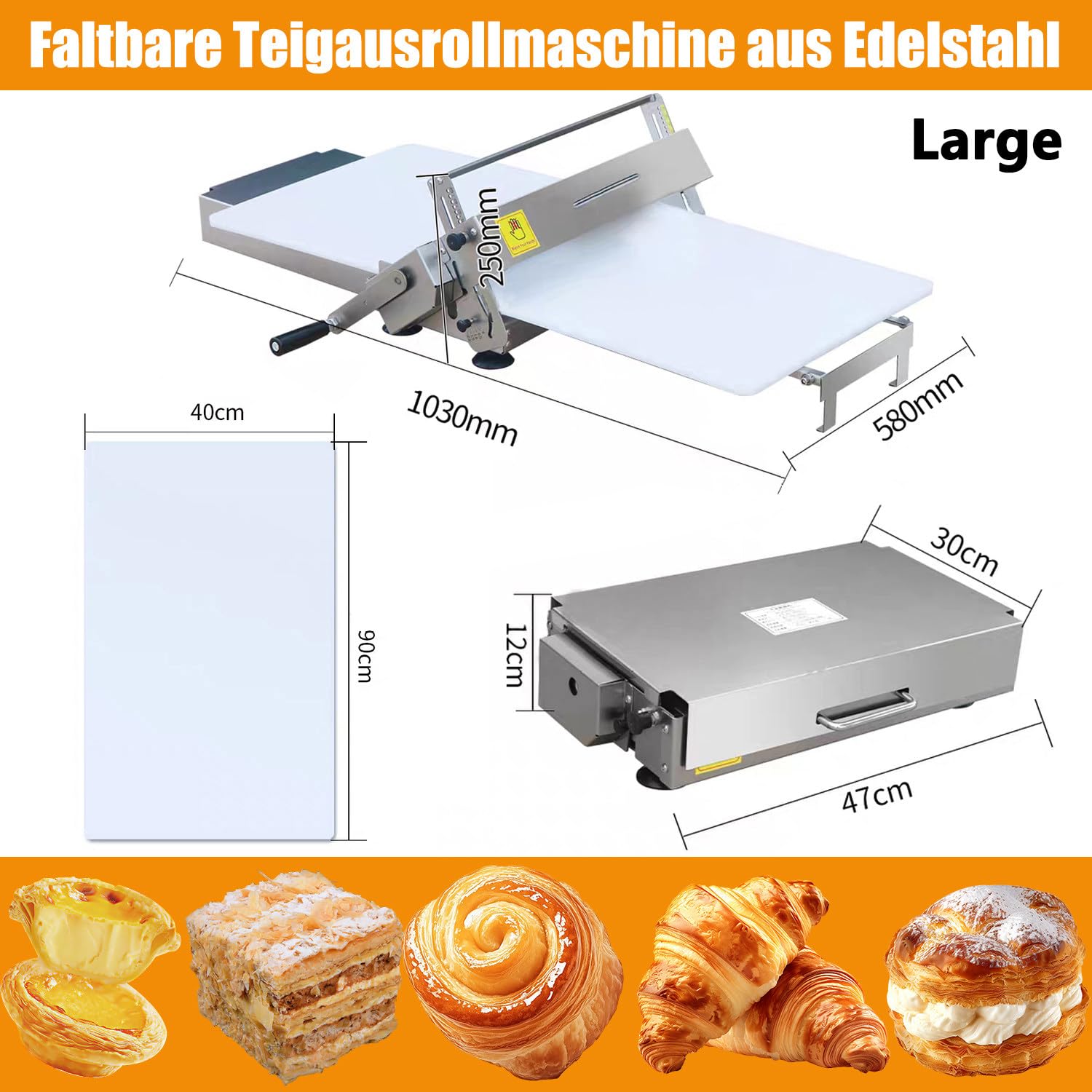Teig ausrollen Maschine manuell Edelstahl | Gleichmäßige Teigplatten für Pizza Pasta Croissant & Kuchen | Faltbare Teigausrollmaschine aus Edelstahl für Heimgebrauch Küche & kleine Bäckereien Large