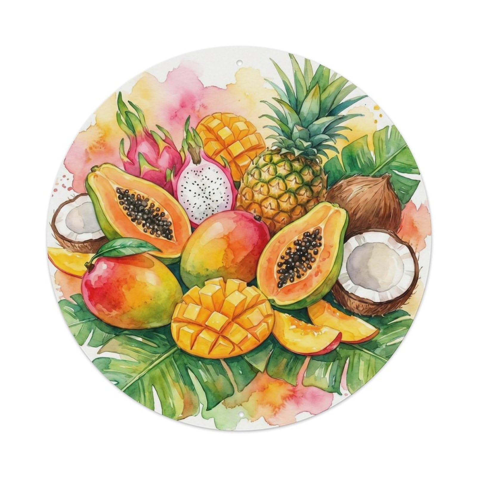Olyhtr 8X8inch Classic Style Borabora Tropical Fruit Platter Watercolor Polynesian Metal Tin Sign