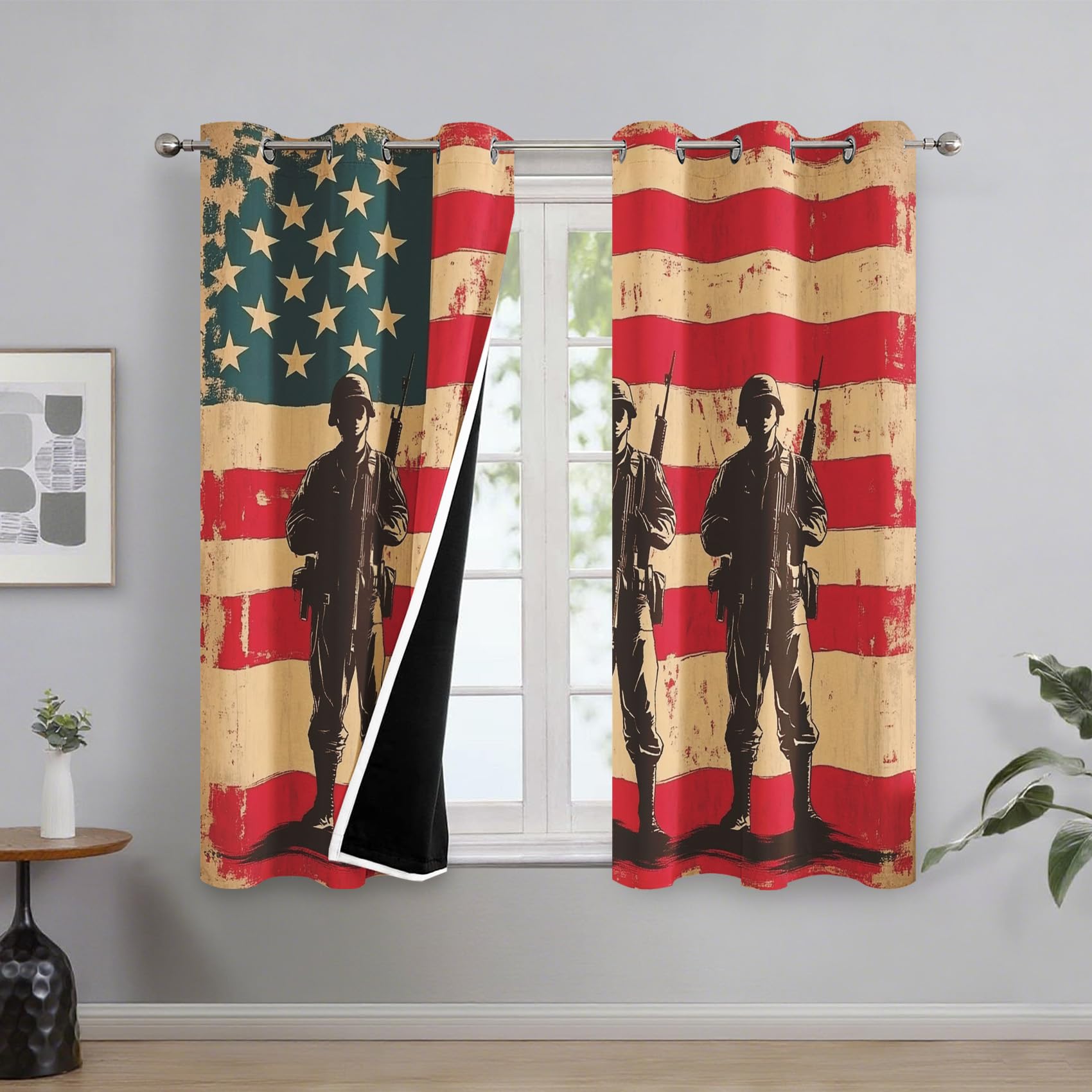 Generisch Blickdichte Vorhänge Soldat, Wohnzimmer Schlafzimmer Deko, Vintage Amerikanische Flagge Gardinen mit Ösen, Thermo Verdunklungsvorhänge 2er Set H137 x B117 cm pw&51