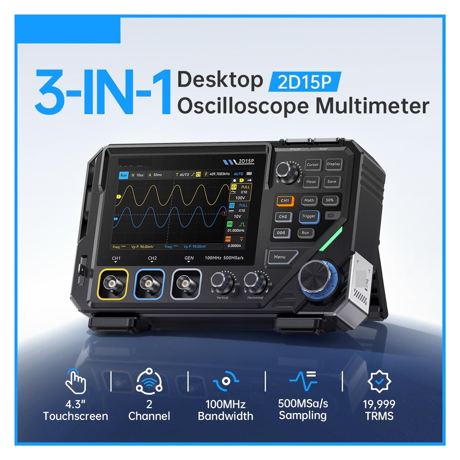 Osciloscopio digital 3 en 1, multímetro y generador con pantalla táctil de 2 canales 100 MHz Instrumento de medida