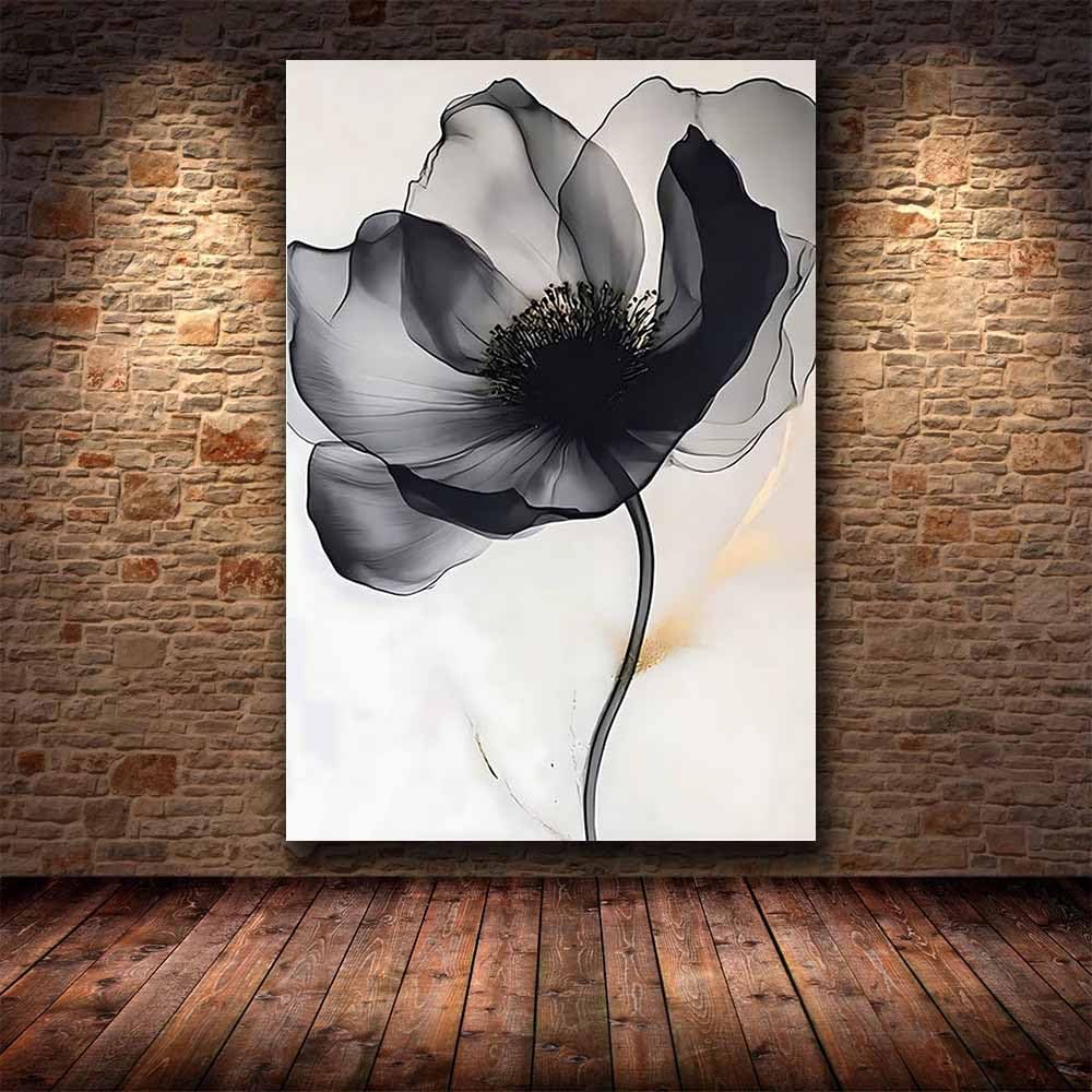QUSAAOU Art Wall Decor Schwarz Weiß Blume Zeitgenössisch Schlicht Wanddeko Bild Schlafzimmer KüChe Deko Wandbilder Dekoration Wohnzimmer Wall Decor Canvas Wand Kunstdruck(Schwarz)-60x90cm Gerahmt