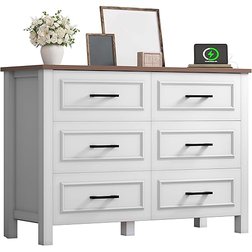 YITAHOME 6-Drawer Dresser with Built-in Power Outlet, Wood TV Stand with 6 Large Drawers & Bar Handles, Dresser Chest of Drawers for Entryway Living Room Hallway, White & Walnut