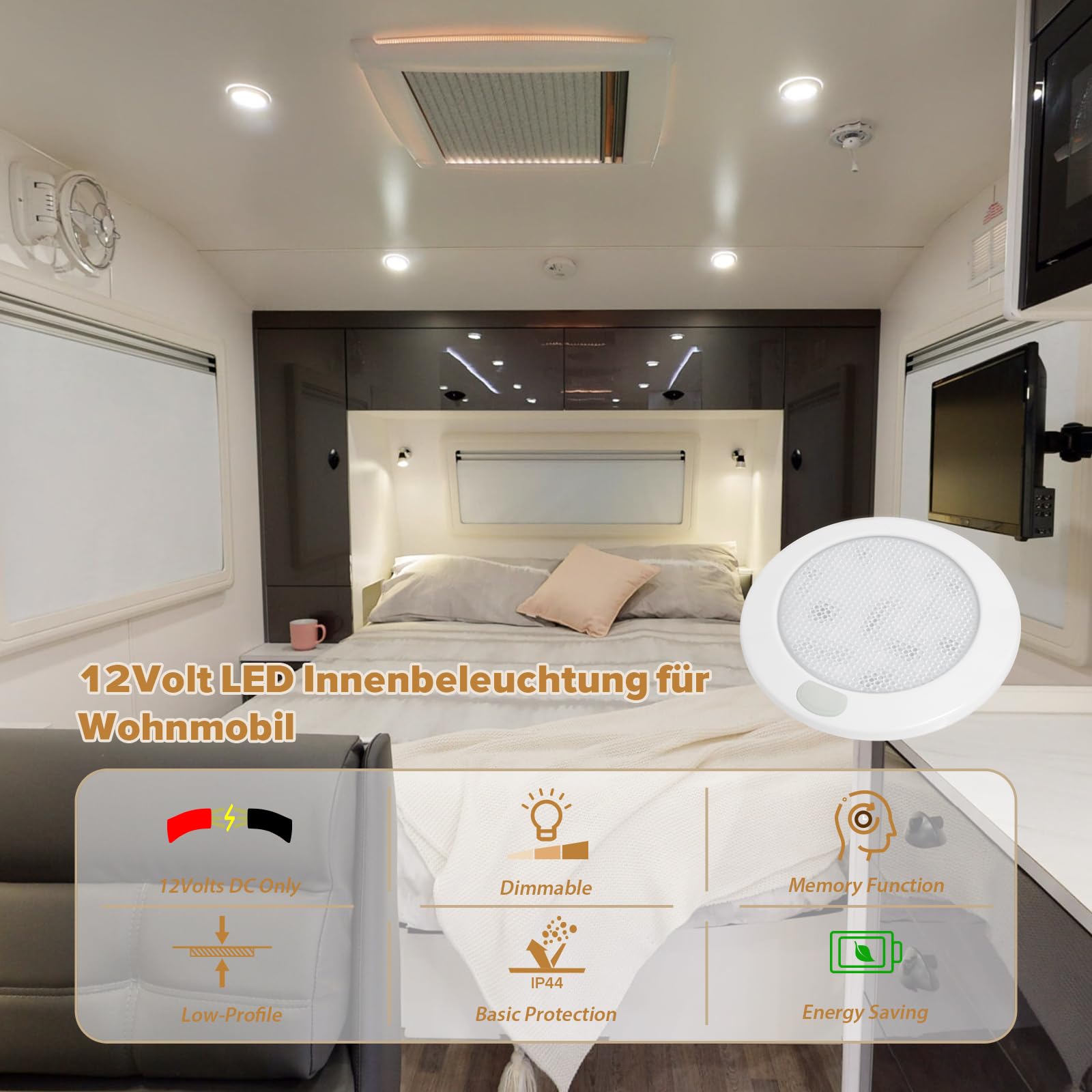 Dream lighting 4er Set 12v LED Lampe Dimmbar Wohnmobil Wohnwagen Boot Innen Deckenlampe Flach mit Memory-Funktion IP44 7,6CM Warmweiss