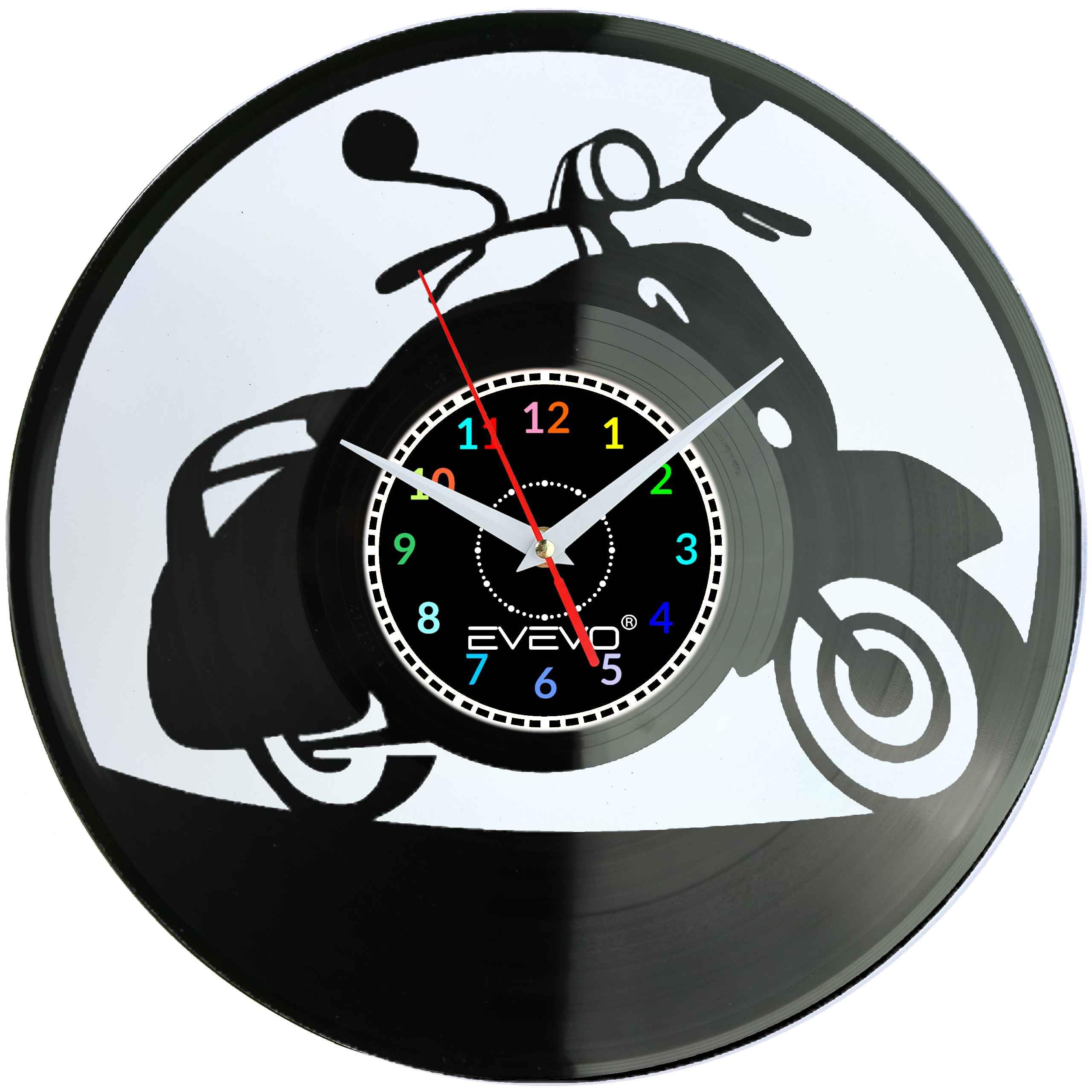ZEGAR ŚCIENNY SKUTER MOTOROWER KLASYCZNY WŁOSKI FLUORESCENCYJNE TŁO PŁYTA WINYLOWA PREZENT UPOMINEKA GIFT SOUVENIR F0099 EVEVO