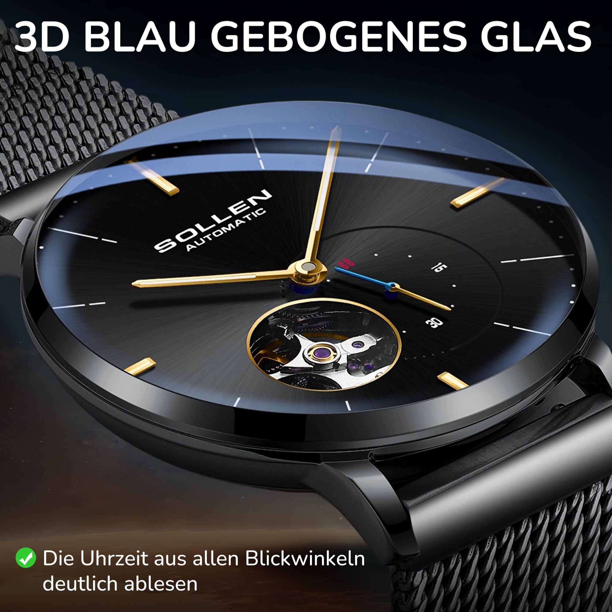 SOLLEN Automatikuhren Herren mit Skelettzifferblatt,Automatische Herrenuhren,Originales Mechanisches Uhrwerk,Leuchtend Selbstaufzug Herrenuhr mit Sekundenzeiger,Armbanduhren als Geschenk für Männer