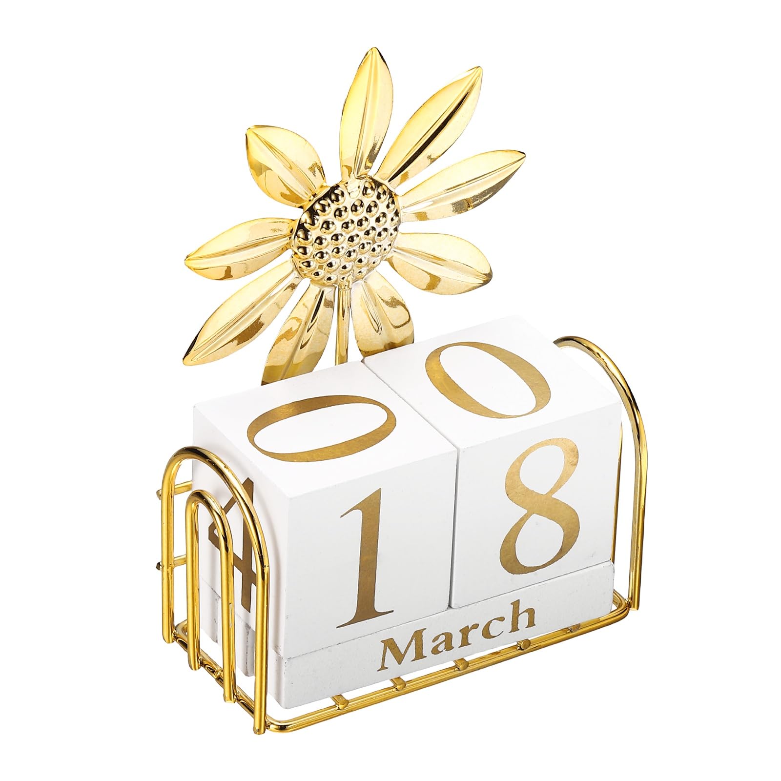 PATIKIL Wooden Perpetual Block Calendar, Golden Decorative Daily Display with Movable Blocks Modern Farmhouse Office Coffee Table Decor for Parties Holidays Wedding, Sunflower