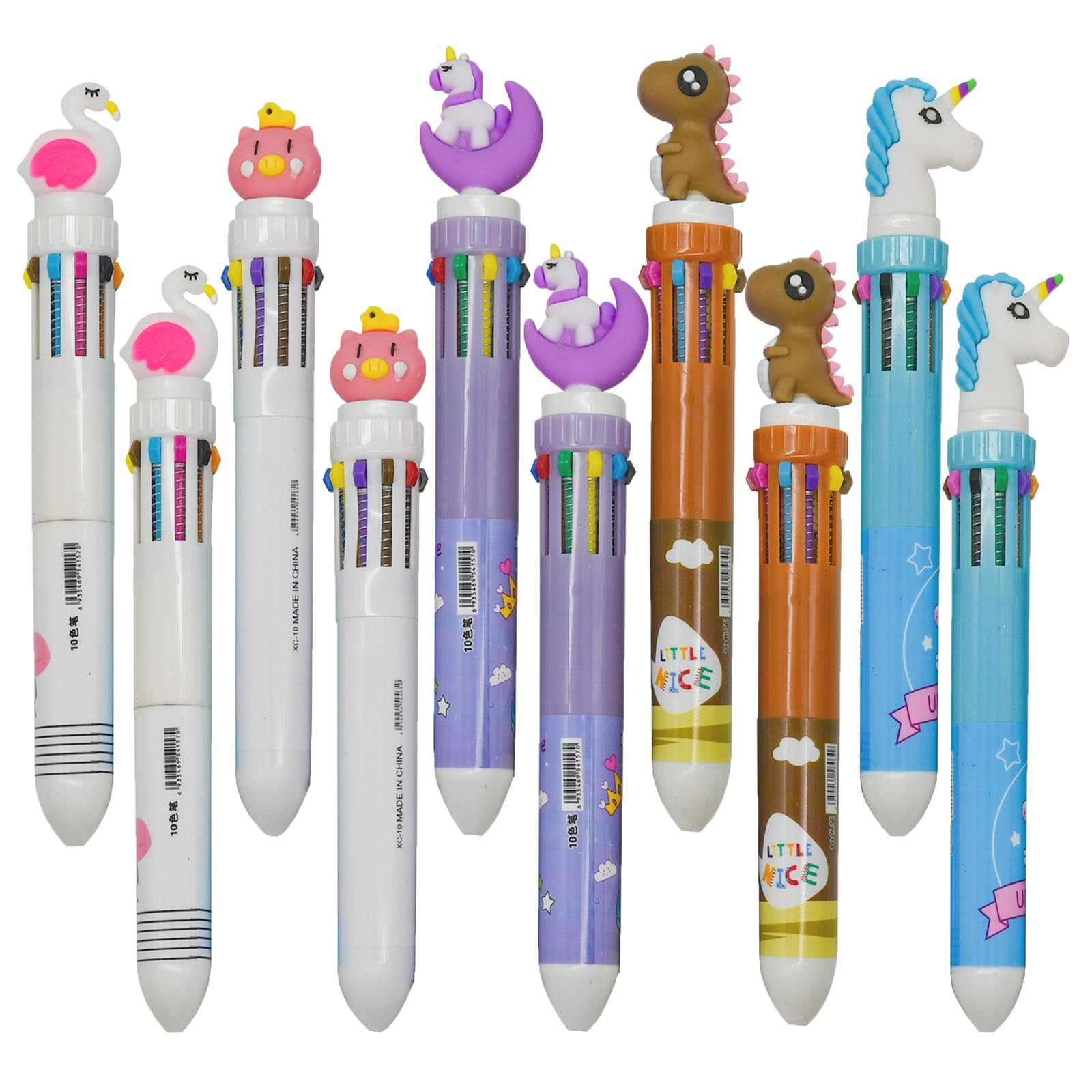 Maydahui 15 PCS 10 in 1 Shuttle Pens Cute Retractable Multicolor Ballpoint Pen Unicorn Dinosaur Pig Flamingo Horse Cartoon Animal Shaped Design for School Home Office