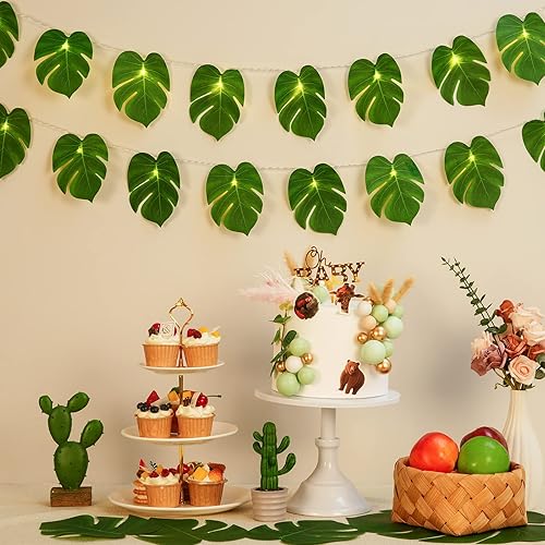 Miniatura 2 de Dolicer Paquete de 20 tiras de luces LED de 10 pies de hojas de Monstera artificiales tropicales, hojas de palmera de ratán para colgar en la pared,