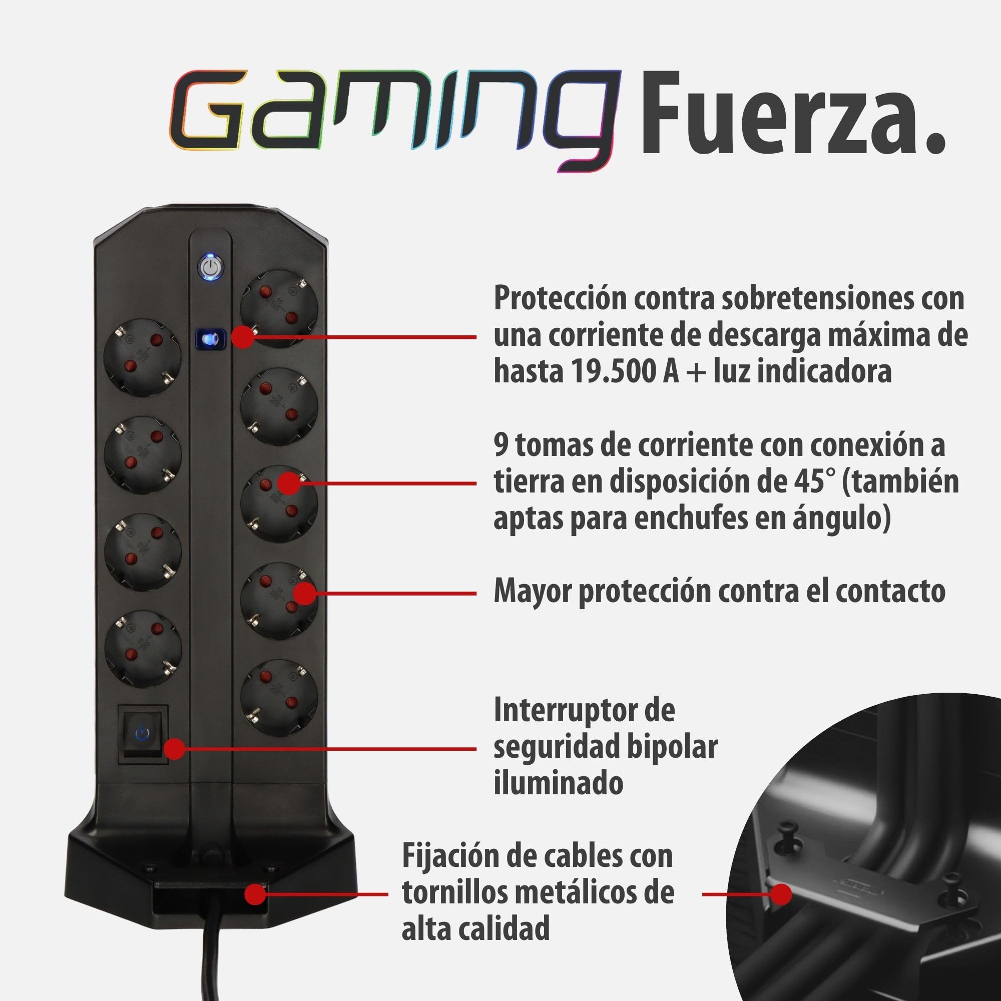 Brennenstuhl Gaming Torre Enchufes Vertical de 9 vías con USB y Control de luz RGB (con protección contra sobretensión, Cable de 2 m, 3X USB C con máx. 45W PD, 2X USB A e Interruptor)