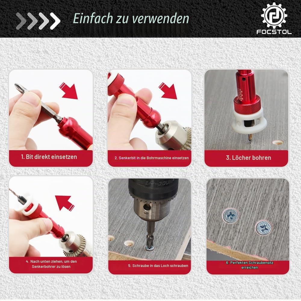 FOCSTOL Senkbohrer Holz Kegelsenker Bohrer Set mit Tiefenanschlag - 5 Stück (3,2/3,6/4/4,4/4,8mm) Bohrsenker mit Tiefenanschlag mit 6,35mm Sechskantschaft für Holz, Kunststoff, Holzverarbeitung