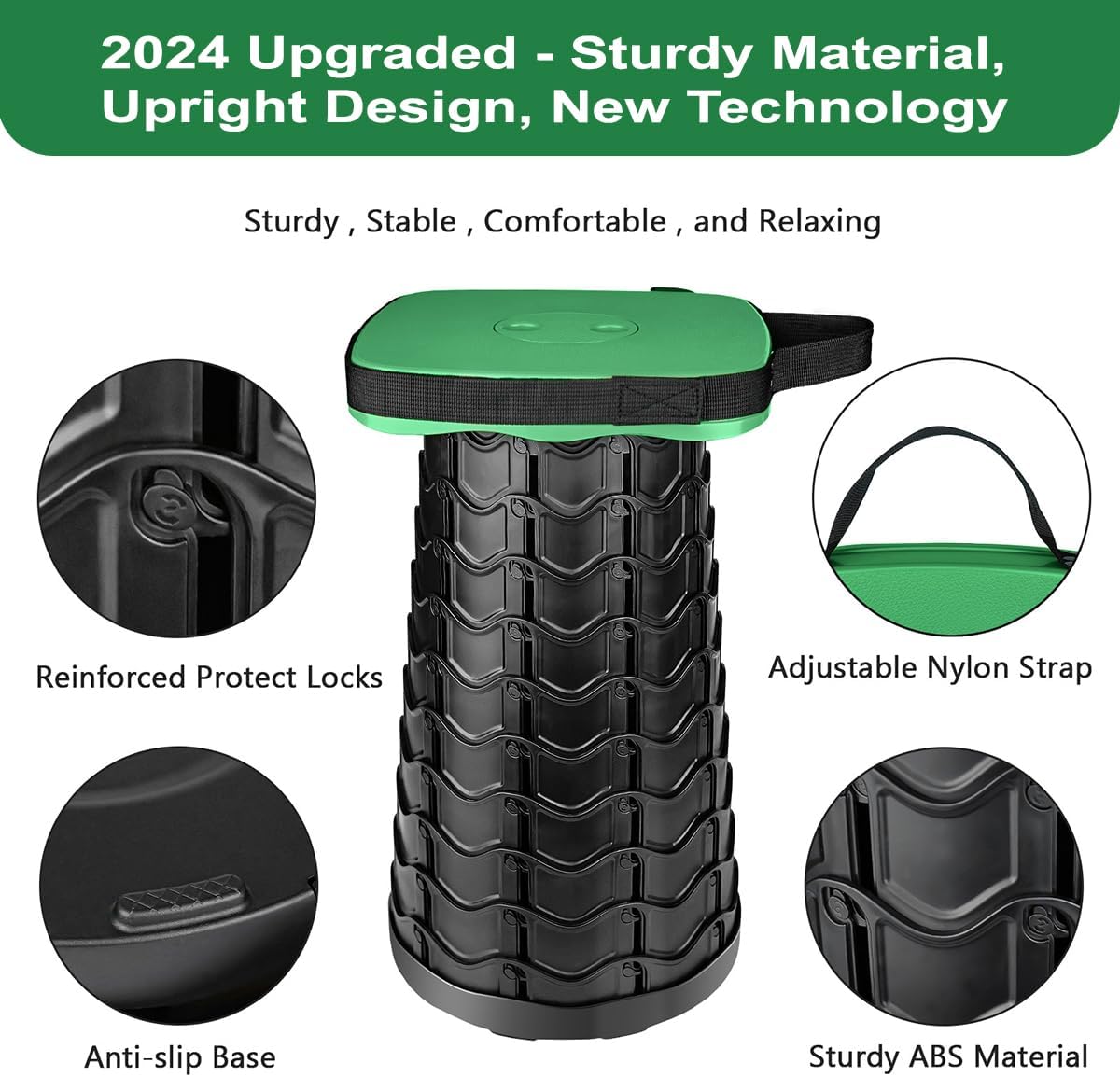 Collapsible Folding Stool Upgrade Heavy Duty 550lbs Load Capacity Foldable Portable Camping Stools Sturdy Retractable Telescoping Stool (Green)