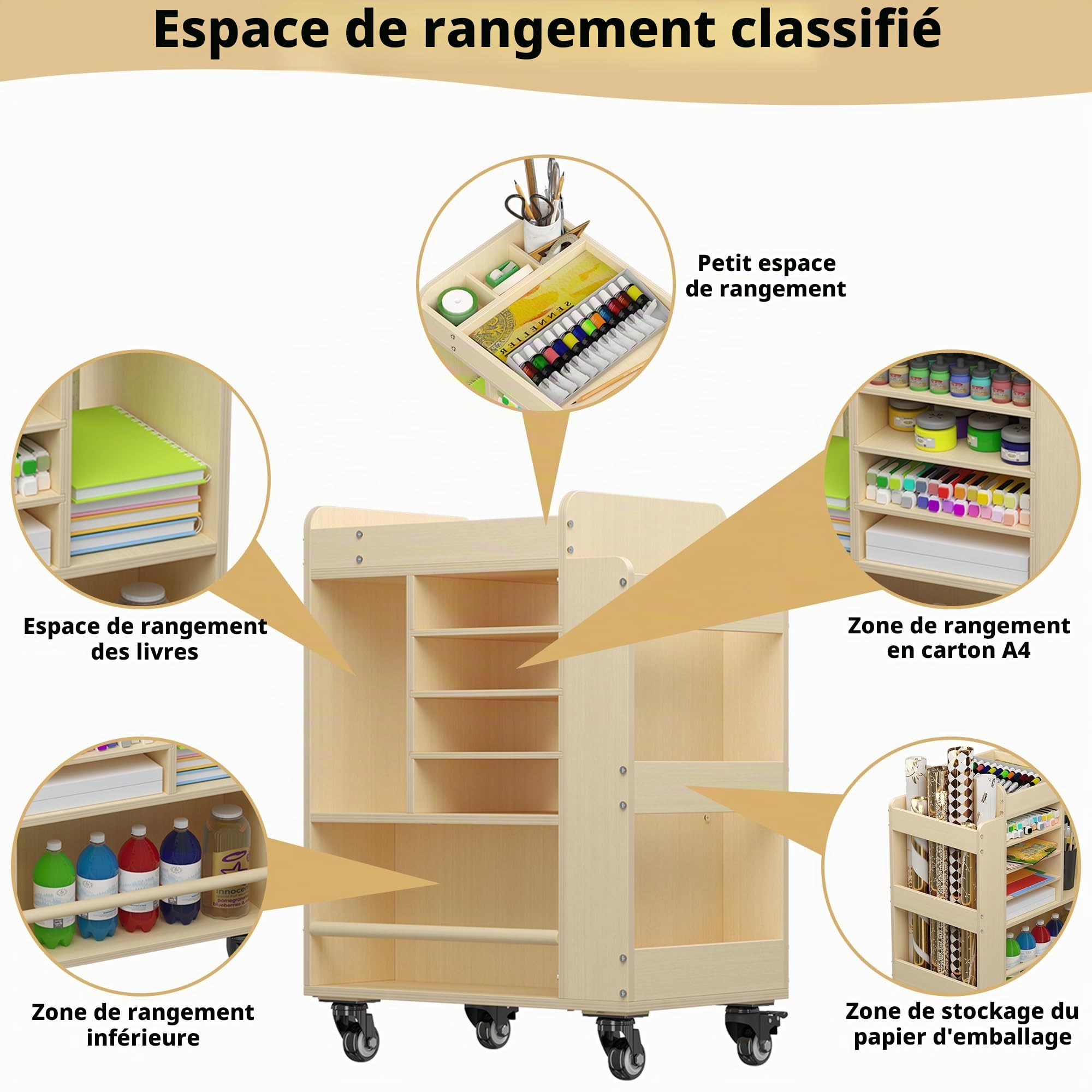 uyoyous Art Cart Rolling Wood, Organisateur de Fournitures pour l'art et l'artisanat, Armoire de Rangement multifonctionnelle pour l'artisanat
