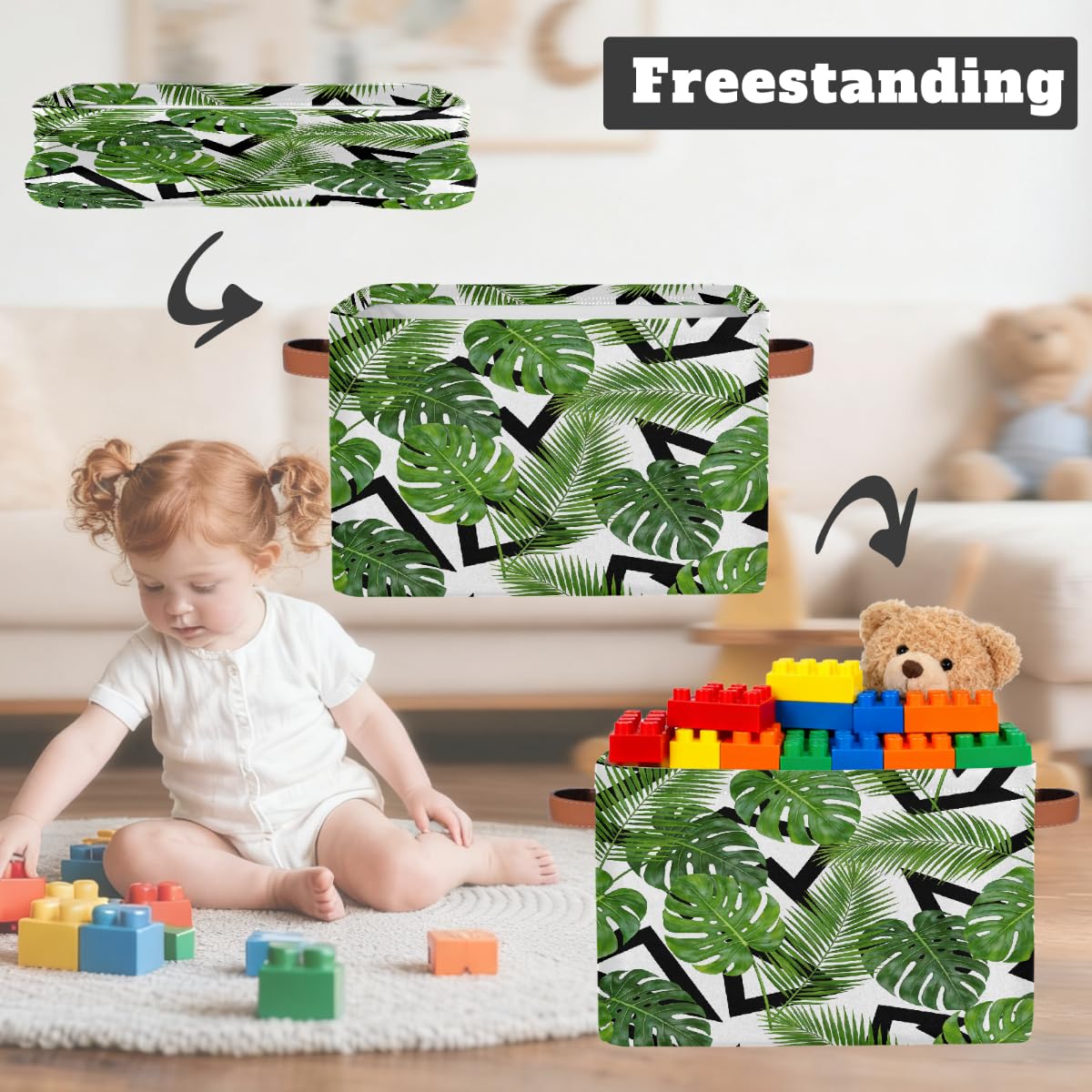Rechteckiger Aufbewahrungskorb mit Ledergriffen, moderner Kunst-Stil, Palmenblätter, 2 Stück, faltbarer Stoff-Aufbewahrungskorb für Schrank, Badezimmer, Wohnzimmer, Büro, Spielzeug, Organizer