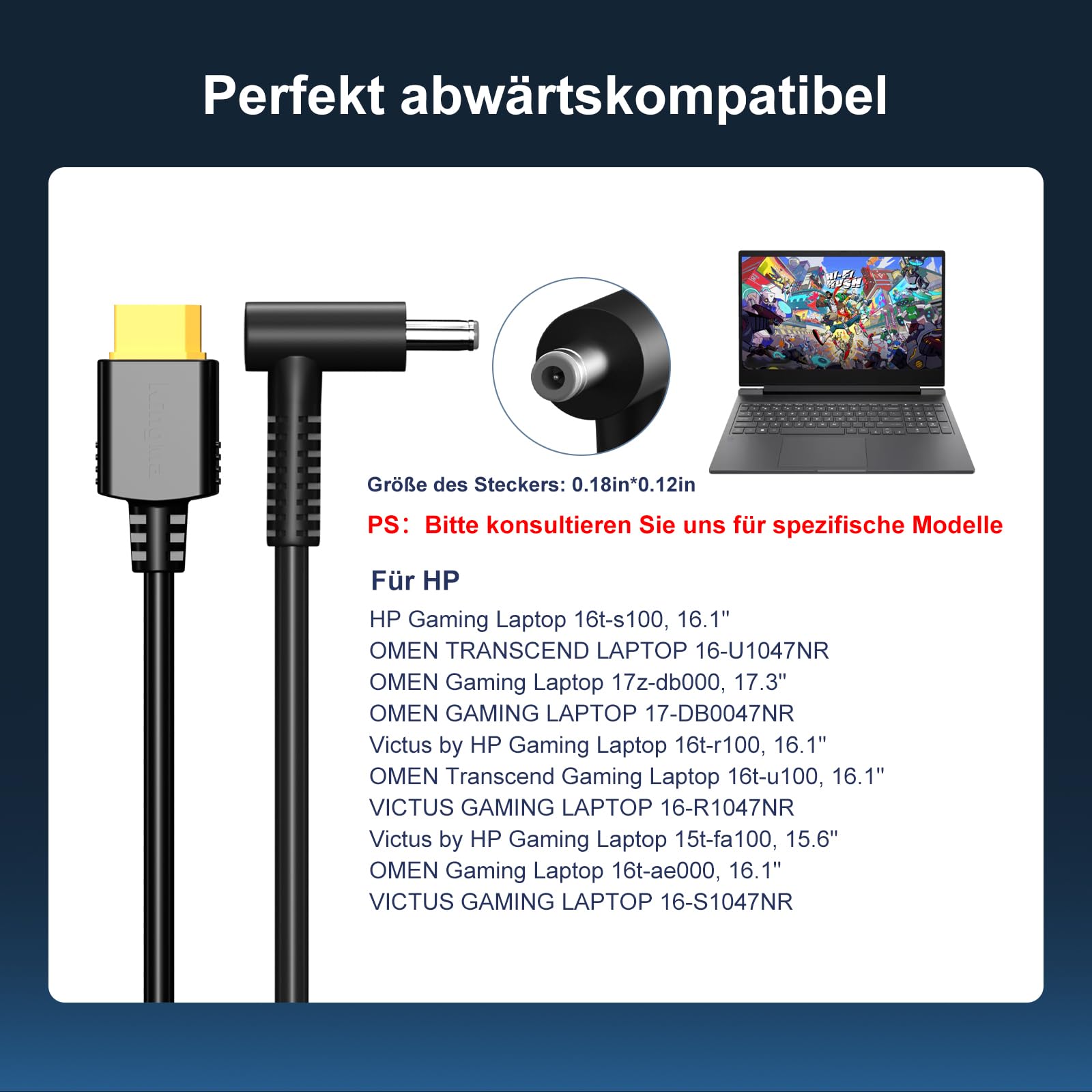 Caricatore portatile da 260W (20V/13A) portatile GaN pieghevole per laptop da gioco, PD 3.0 con cavo da 45-30 mm, compatibile con HP Omen Transcend 16/Victus by Gaming Laptop 16t