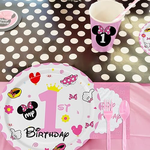 Miniatura 4 de Suministros para fiesta de primer cumpleaños de Minnie Theme Mouse - Vajilla, plato, taza, servilleta, mantel, cubiertos, pajilla, suministros de