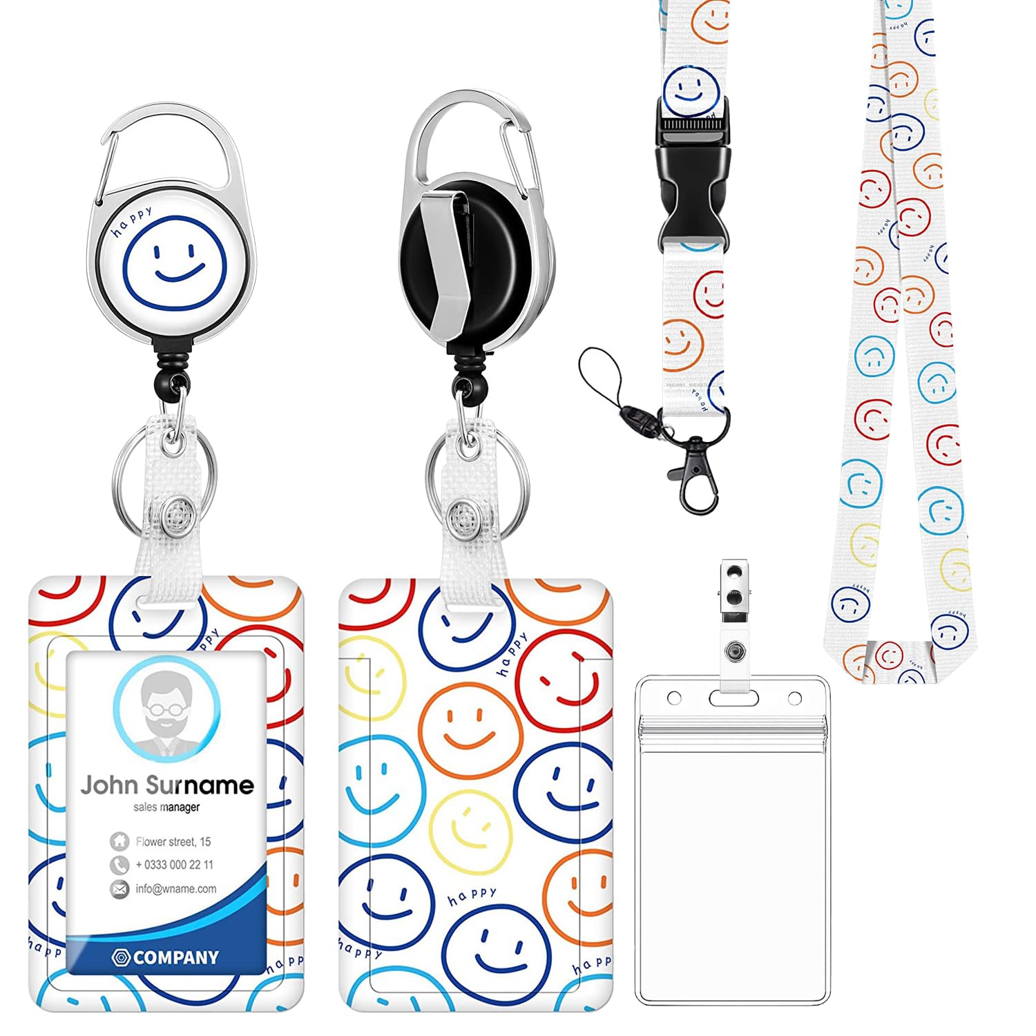 Fashionable ID Badge Holder Lanyard Set - Retractable Badge Reel with Carabiner Clip & Detachable Strap, Vertical Card Protector for Teacher, Doctor, Nurse & Student (Smiley) โ image 1
