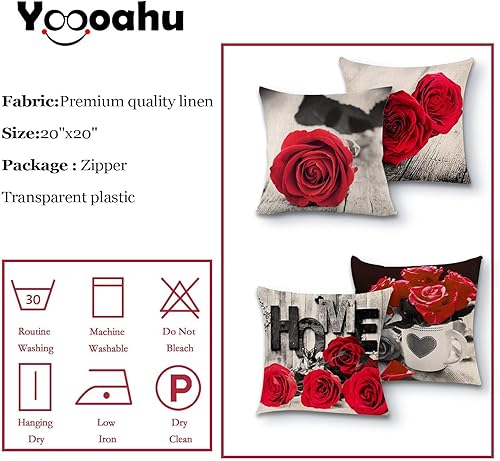 Miniatura 6 de Juego de 4 fundas de almohada rojas de Navidad para sofá, sala de estar, 20 x 20 pulgadas, juego de 4 fundas de almohada cuadradas de lino y algodón