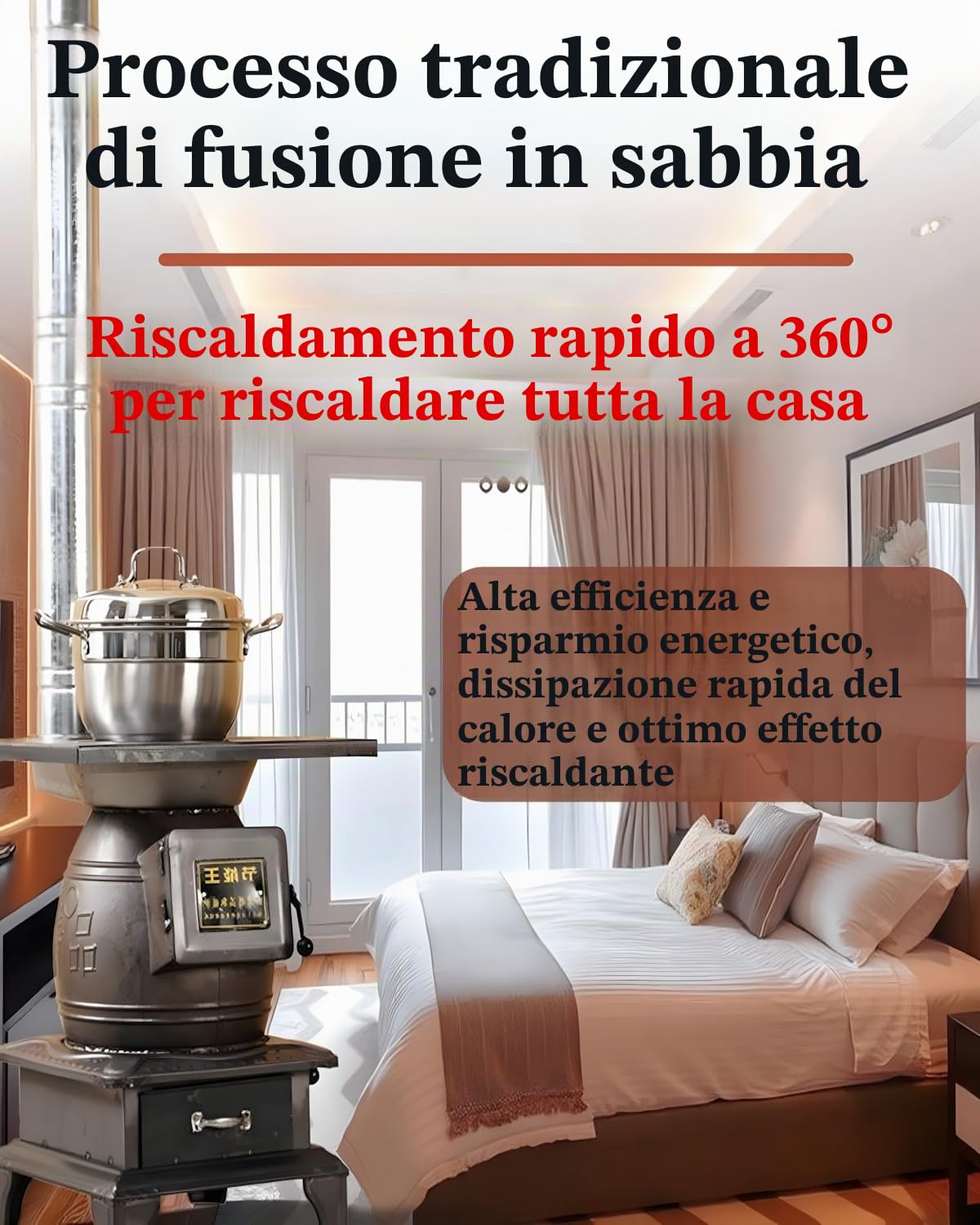 Stufa a legna per interni, riscaldamento efficiente con struttura in ghisa, per uso domestico ed esterno
