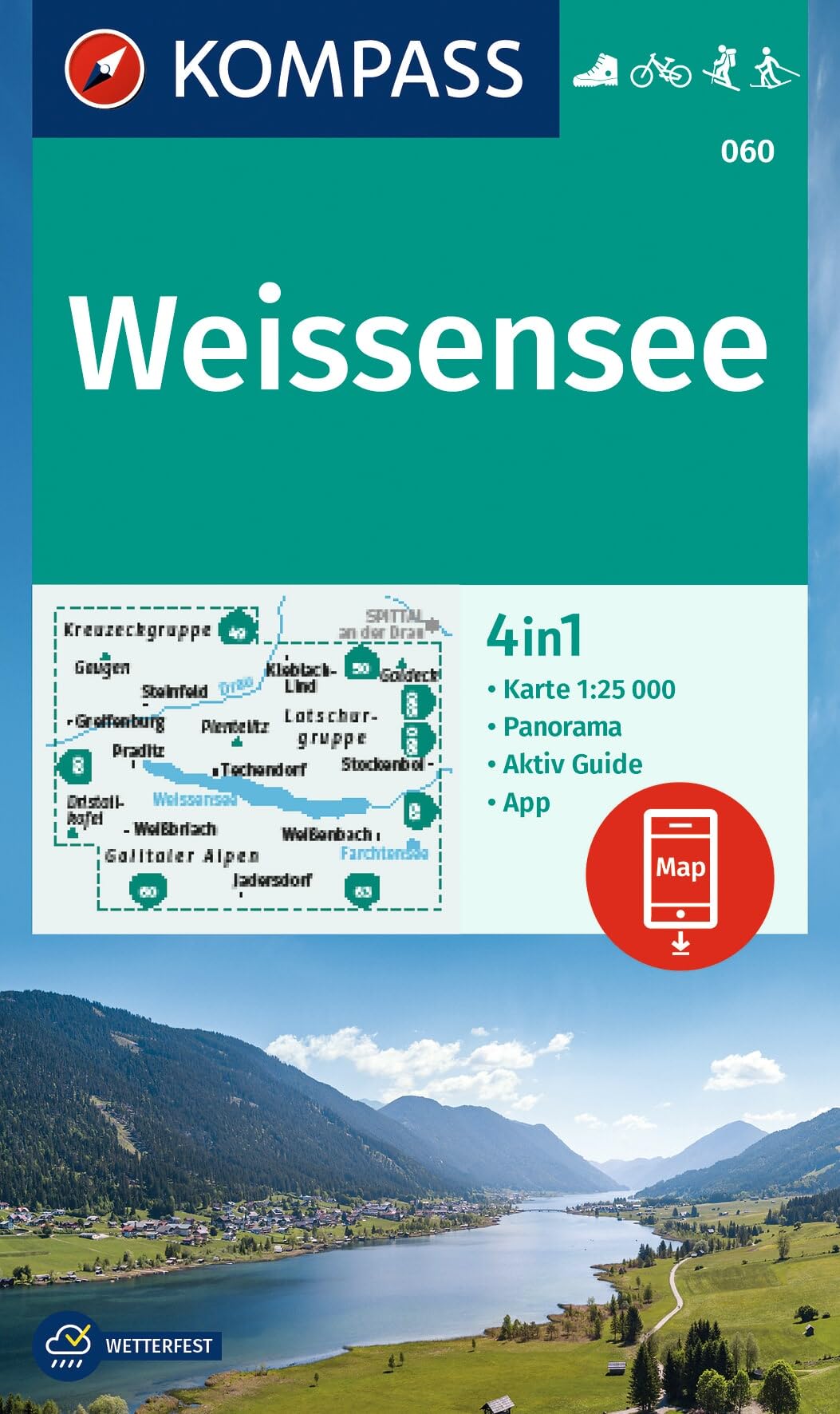 Weissensee + Aktiv Guide (060): 4in1 Wanderkarte mit Aktiv Guide und Panorama inklusive Karte zur offline Verwendung in der KOMPASS-App. Fahrradfahren. Skitouren. Langlaufen.