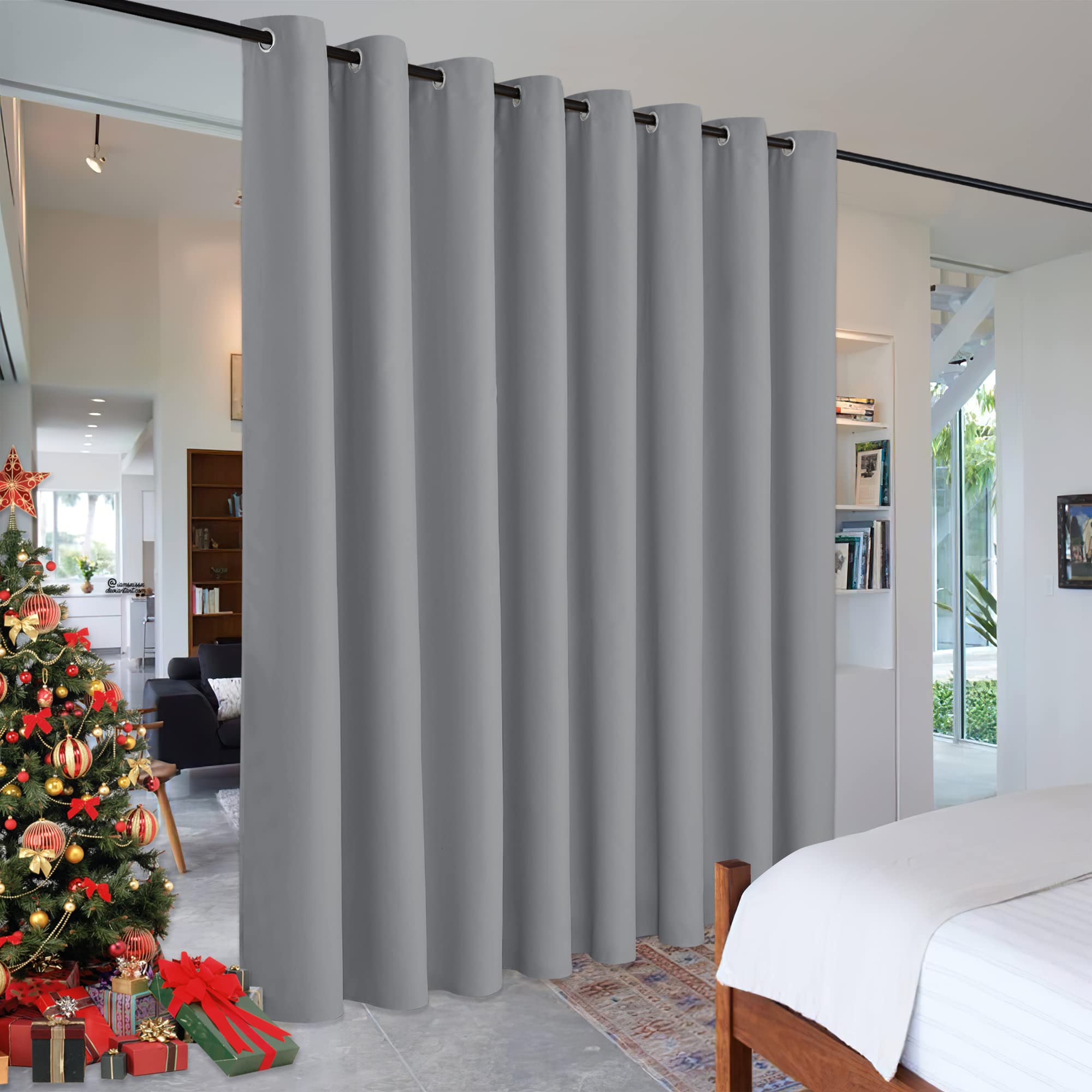 Photo 1 of RYB HOME Portable Room Divider Curtains Energy Saving Noise Reducing Drapes Triple Weave Blackout Privacy Wall for Apartment Cloakroom Basement, W180 x L96 inches, Sliver Grey, 1 Pc W 15 x L 8 ft Light Grey