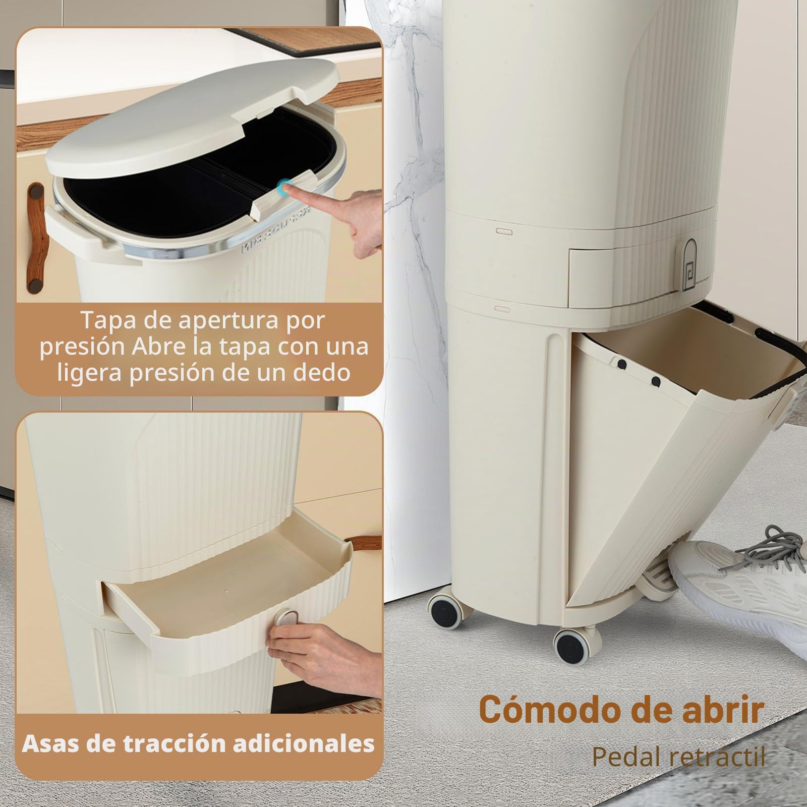 LIFEZEAL Cubo de basura con ruedas 42L y 3 compartimentos (42L) | Papelera de cocina con pedal, tapa y asa para cocina, salón y oficina