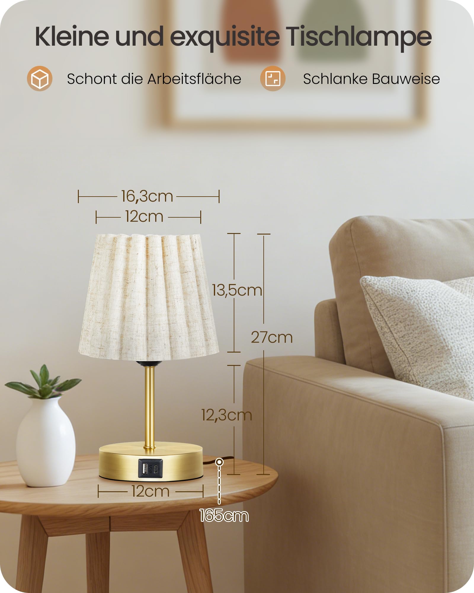 Lampada da comodino tattile dimmerabile, confezione da 2, con USB e lampadina LED dimmerabile, paralume ondulato, attacco E27, per comodino, ufficio, camera da letto, oro e beige