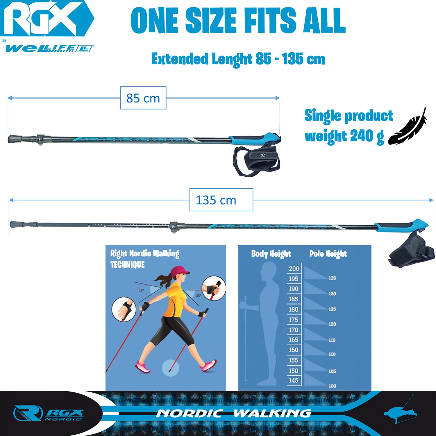 WeLLIFE |Bastoncini Nordic Walking in Alluminio| Polsino con Sgancio Rapido CLICK and GO per Nordic Walking, Escursionismo e Trekking
