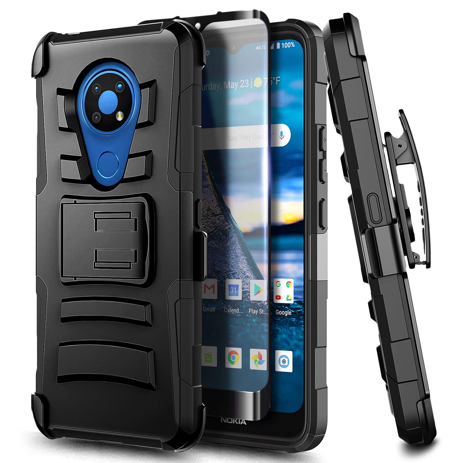 E-Began Case for Nokia C5 Endi (Cricket Wireless) with Tempered Glass Screen Protector (Maximum Coverage), Belt Clip Holster, Card Holder/Built-in Stand, Heavy Duty Defender Shockproof Case (Black)