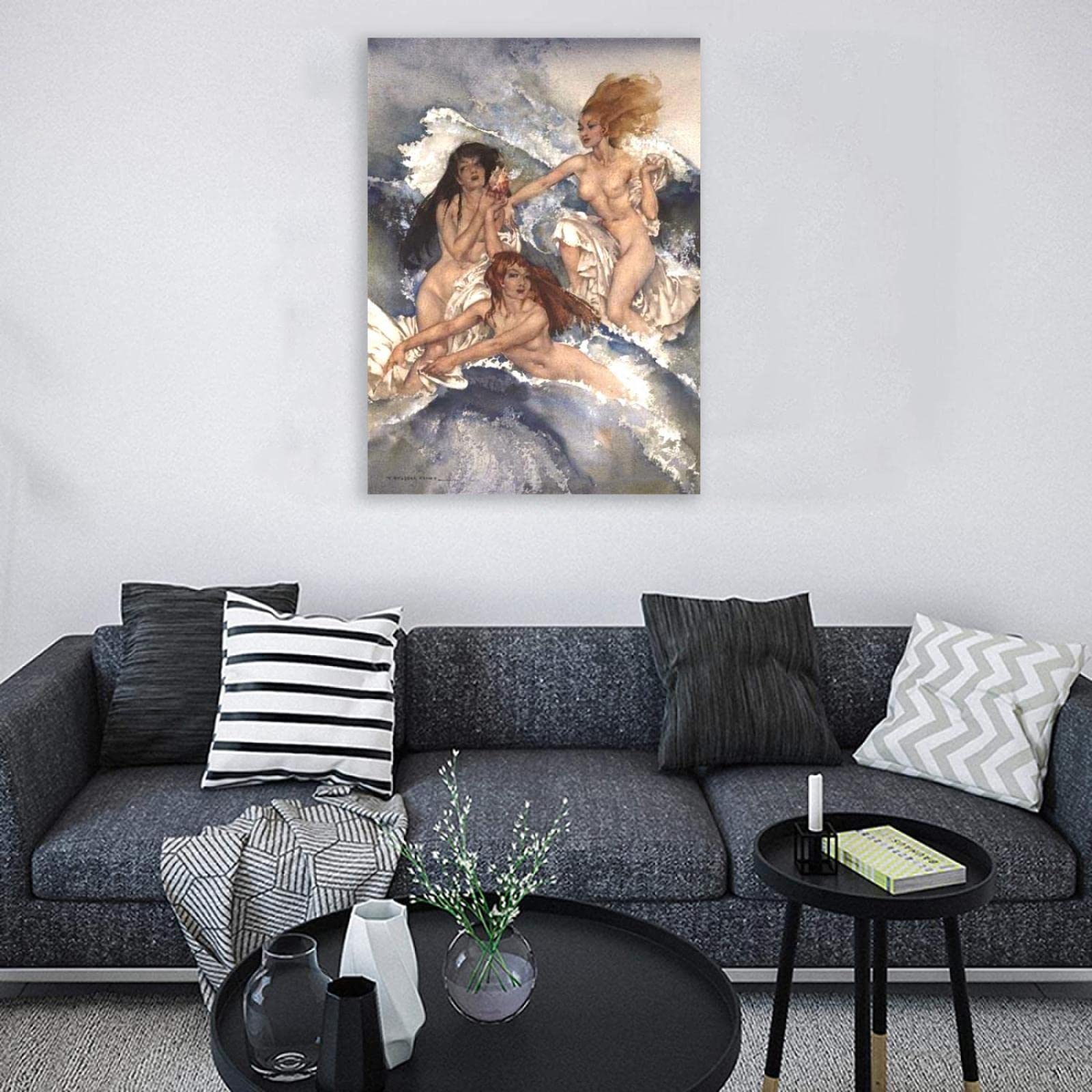 IKYE Cuadro. Impresión sobre Lienzo de William Russell Las Sirenas. Famoso Cartel de Arte de Cuadros clásica. reproducción de Imagen en Lienzo Arte para Pared 60x96cm (23.6x37.8in) Enmarcado