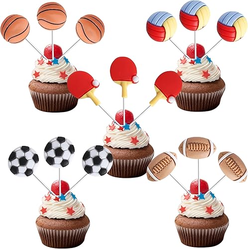 Rsstarxi Paquete de 30 decoraciones temáticas deportivas para cupcakes de resina, baloncesto, fútbol, voleibol, rugby, cupcakes, alimentos, postres,