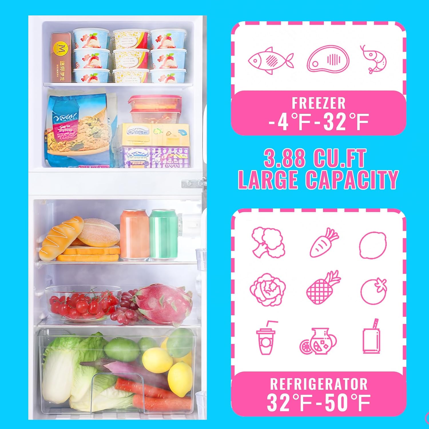 DEMULLER Fridge with Freezer Two Doors Refrigerator with 7 Setting Adjustable Thermostat Crisper Drawer & Removable Shelves Low Noise Freezer-on-Top Refrigerator LED Light, 3.88Cu.ft, Black