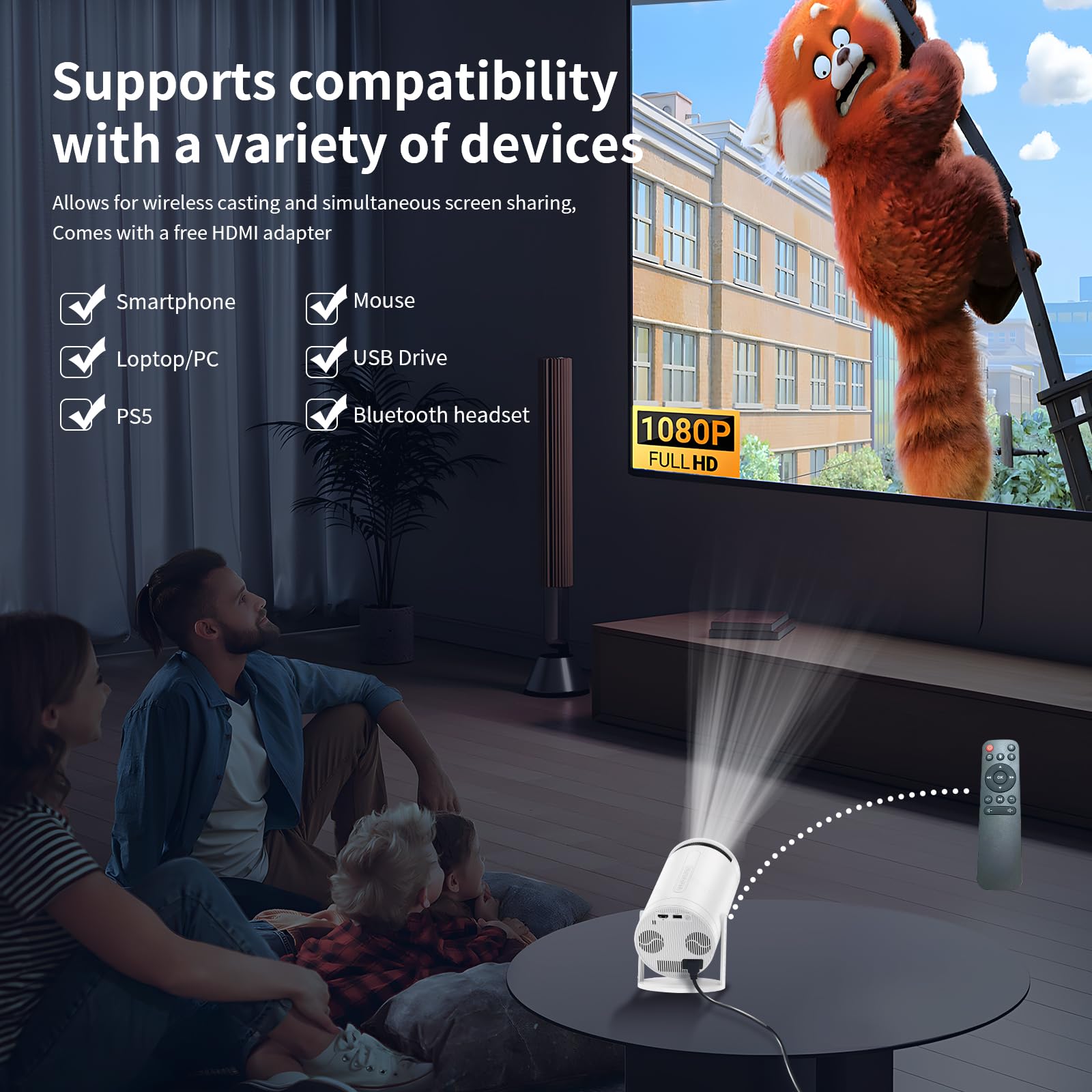 Proiettore,Mini Proiettore con WiFi e Bluetooth 4K,Supporto Regolabile 270°,Proiettore Cinematografico Portatile all'aperto,Teatro Domestico,Proiettore Nativo 1080P FHD/Android TV,HDMI