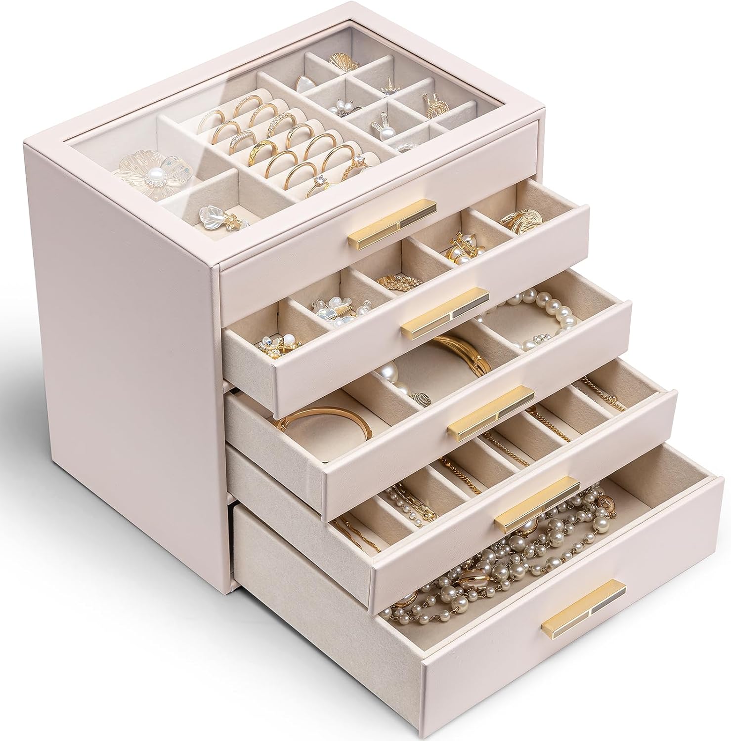 Vlando Jewelry Box for Women Girls,Jewelry Organzier,5 Drawers,Glass Lid Jewelry Organizer Storage for Gem Diamond Necklaces Rings Earrings Bracelets Apricot White