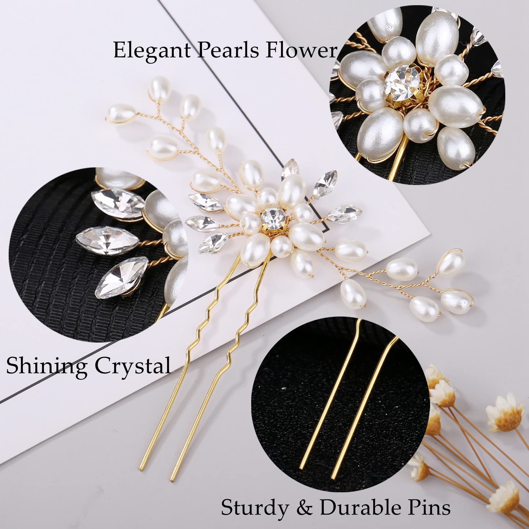?Women Gold Hair Comb and 4 Pins Bridal Pearl Crystal Wedding Hair Comb D-GROEE Wedding Hair Accessories for Brides Flower Hair Comb  main image 4