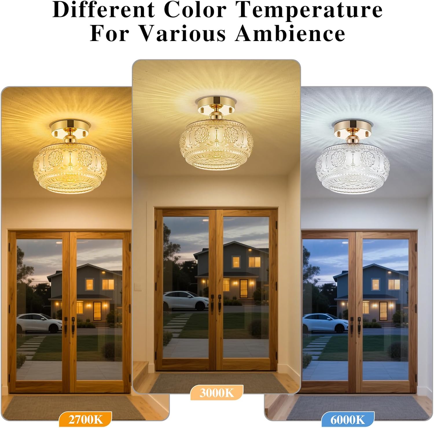 Semi Flush Mount Ceiling Light - French Gold Finish & Amber Floral Glass Shade, Vintage Modern Lighting for Bathroom, Kitchen, Bedroom (Bulb Not Included)