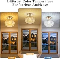 Vista 8 de Semi Flush Mount Ceiling Light - French Gold Finish & Amber Floral Glass Shade, Vintage Modern Lighting for Bathroom, Kitchen, Bedroom