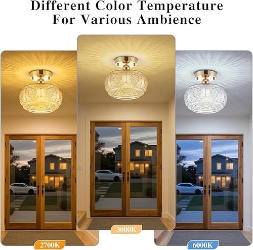 Miniatura 8 de Semi Flush Mount Ceiling Light - French Gold Finish & Amber Floral Glass Shade, Vintage Modern Lighting for Bathroom, Kitchen, Bedroom (Bulb Not