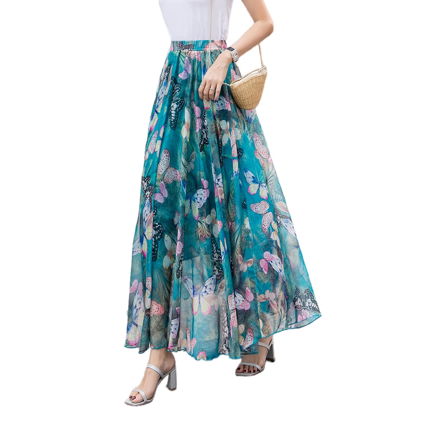 URYYRIT Strandkleid Rock Sommer Großer Schwung Chiffon Blumenrock Frauen Bohemian Strand Langer Rock-M,Y