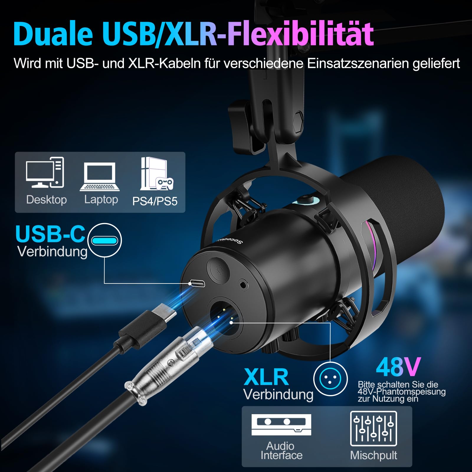 XLR/USB Gaming Mikrofon mit Arm, Dynamisches Mikrofon mit One-Touch-Stummschaltung, Verstärkungsregelung und Kopfhöreranschluss, RGB Podcast Mikrofon für Streaming, Aufnahmen und Gesang