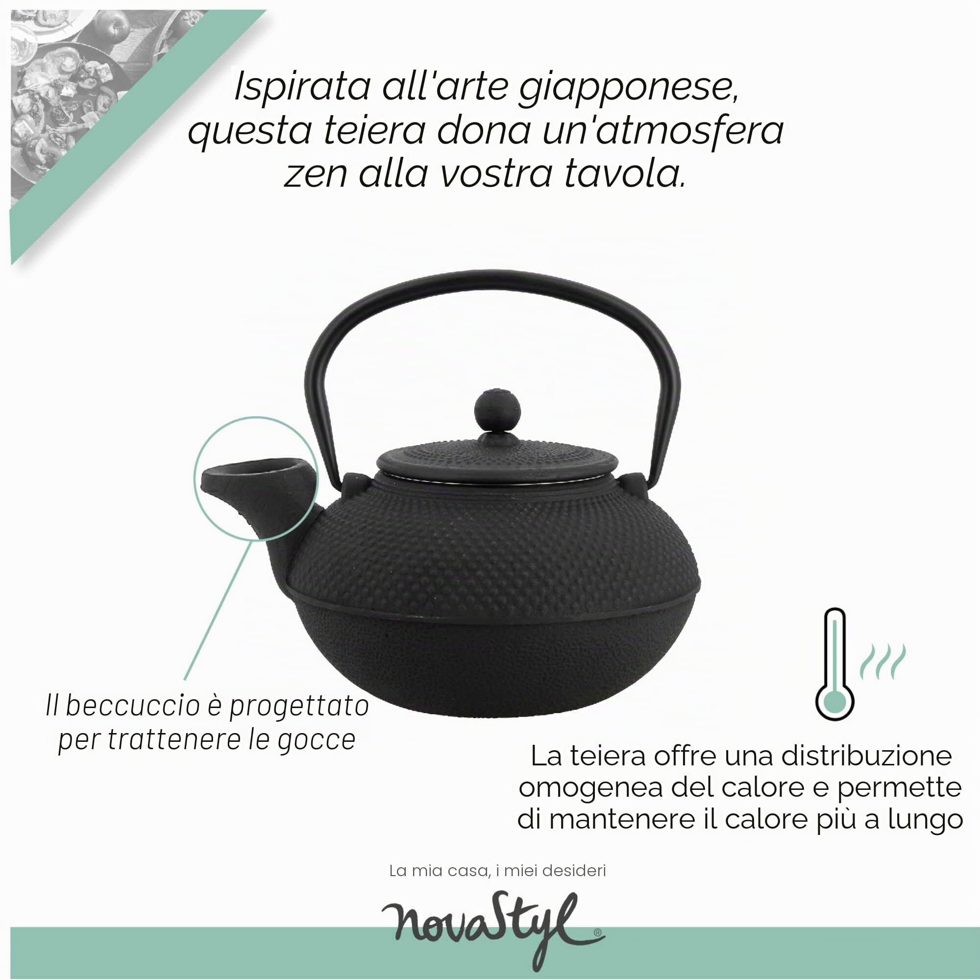 MENASTYL 7321422 TheKitchenette-Teiera in ghisa Nera, 1,5 l, Ø 18 x 17 x 11 cm, Nero
