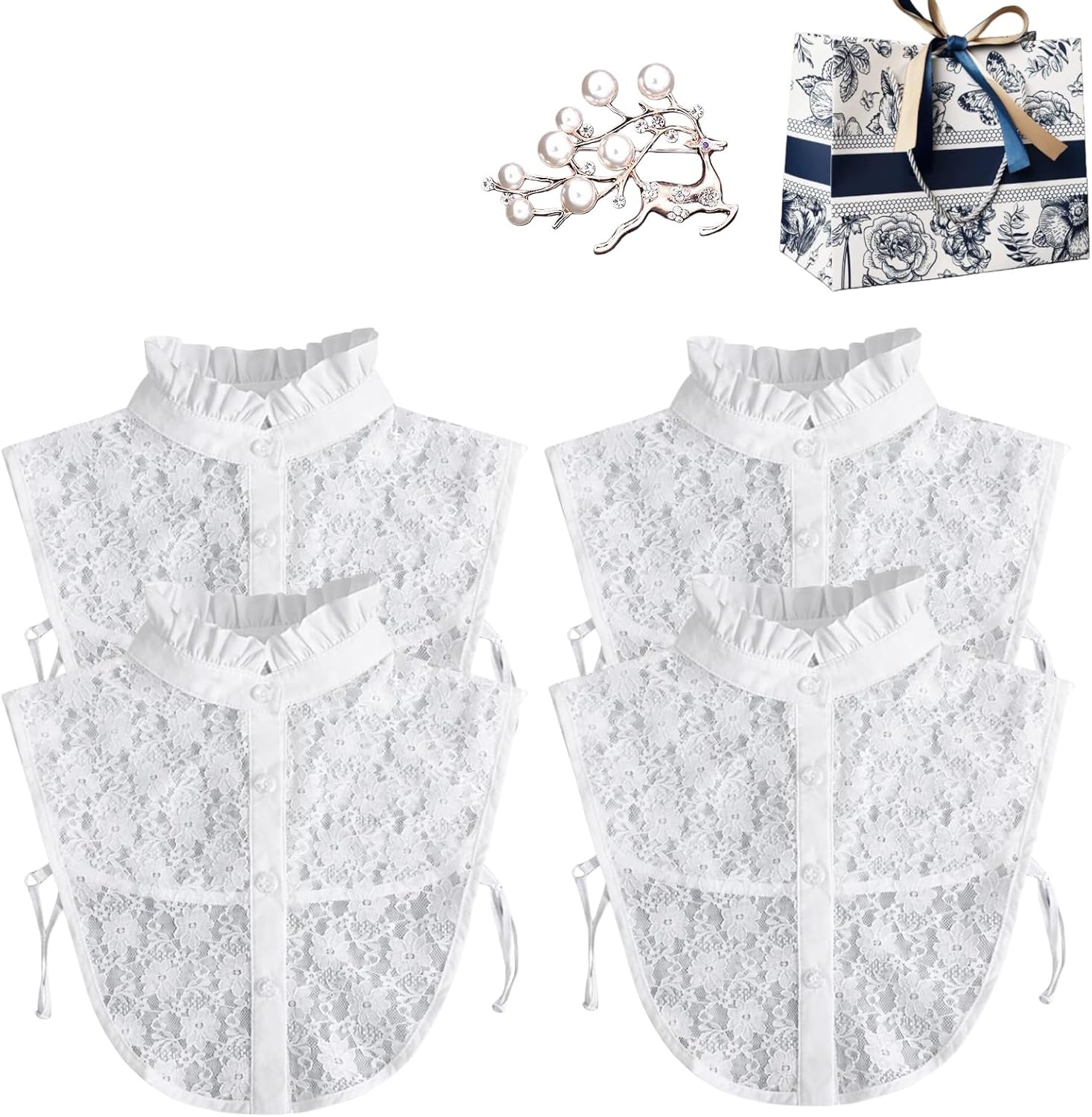 Detachable Collar, Fake Collar Dickey Blouse Half Shirt with Brooch, Lace Vintage Neckline for Sweater Dress Outfit Women