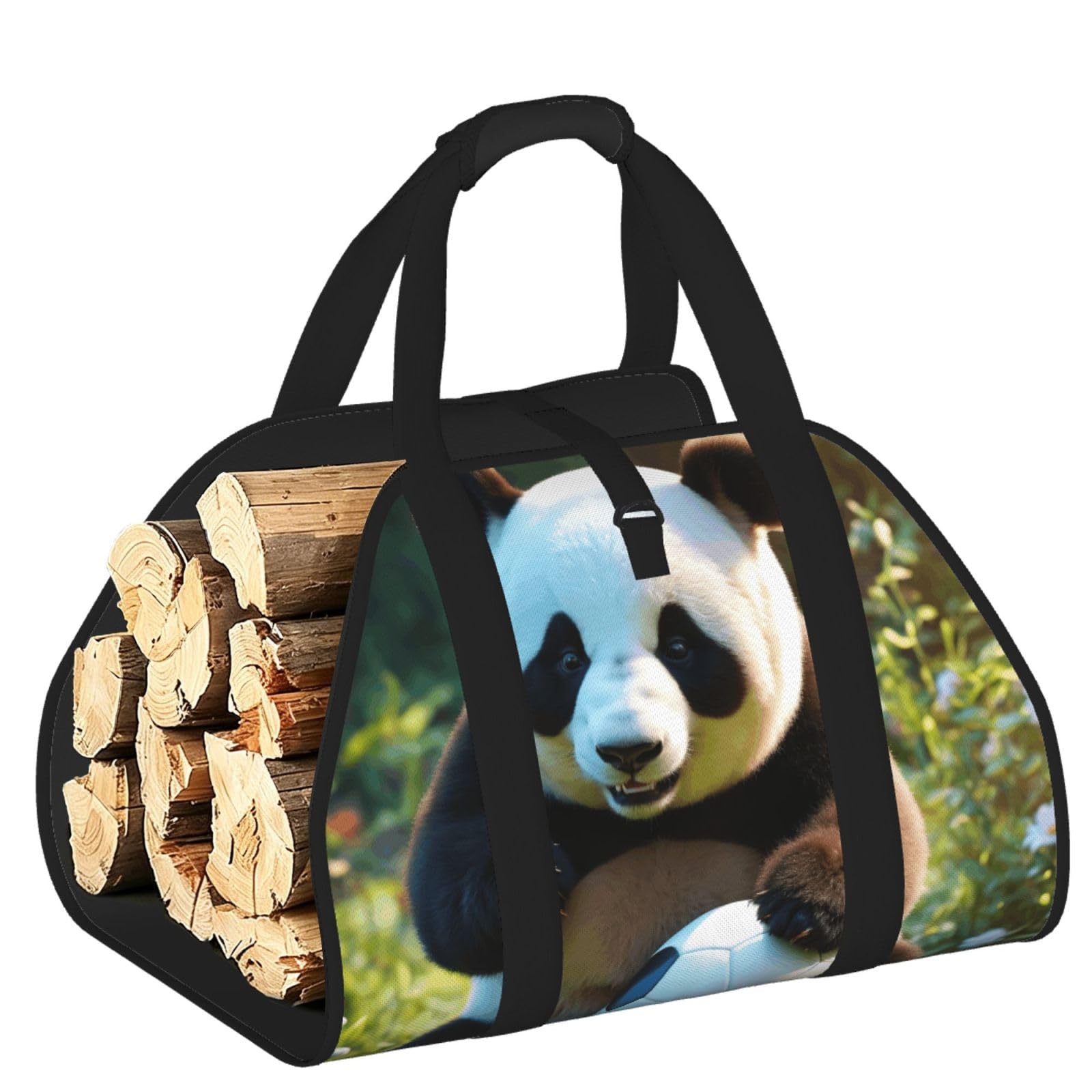 Pphgut Black Panda Print Firewood Bag Wood Carrier Transport Sack Camping Picnic Storage Daily Home