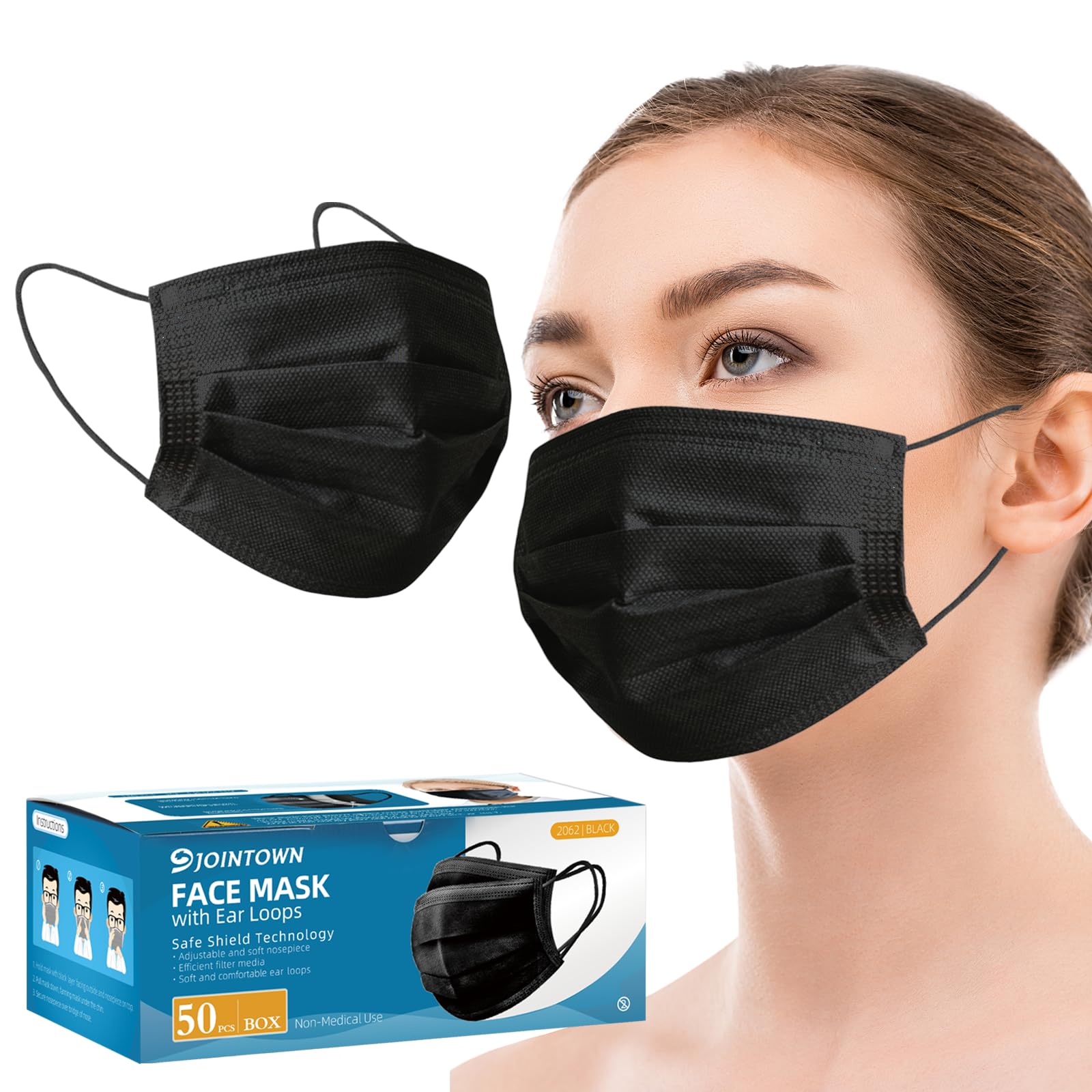 Jointown Disposable Face Mask - 3 Ply Protection Face Masks, 50 Pack Black