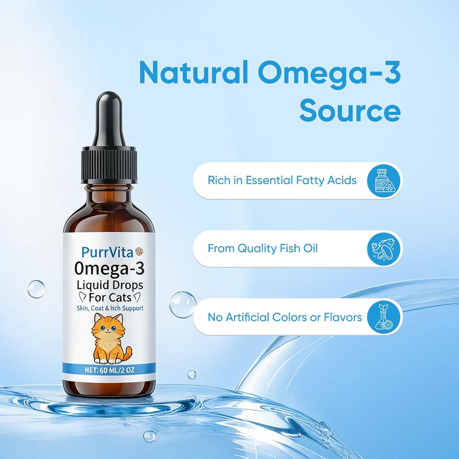 PurrVita Omega-3 Liquid Drops for Cats – Supports Healthy Skin & Coat, Natural Fish Oil Supplement for Feline Wellness 60ml (1)
