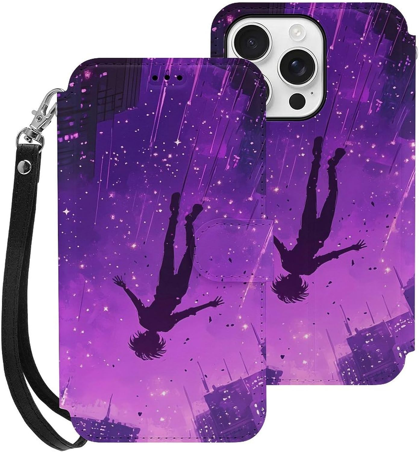 Falling Into The Real World Compatible with iPhone 16/16 Plus/16 Pro/16 Pro Max/16 E Case Phone Wallet Card Holder Flip Cover with Wrist Strap