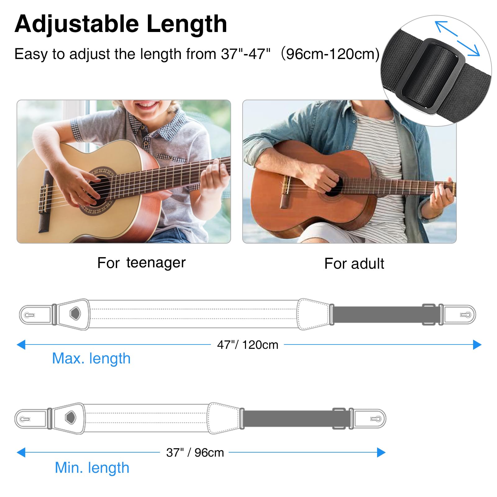 LEKATO Sangle de guitare rembourrée en mousse à mémoire avec extrémités en cuir véritable sangle réglable avec une longueur de 37 "à 47" pour guitares électriques basses