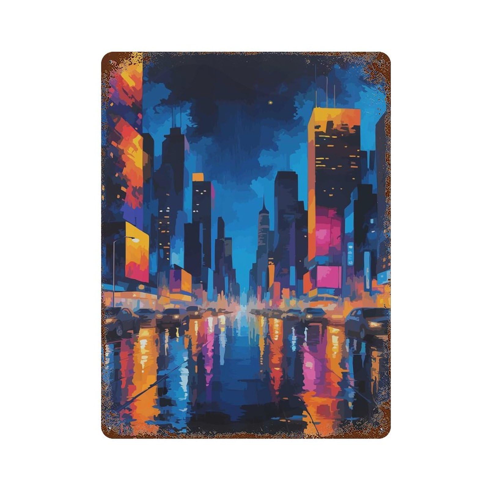 Cityscape Night Rust Effect Tin Sign 15.7"x11.8", Ideal for Farmhouse, Kitchen And Entryway Decor