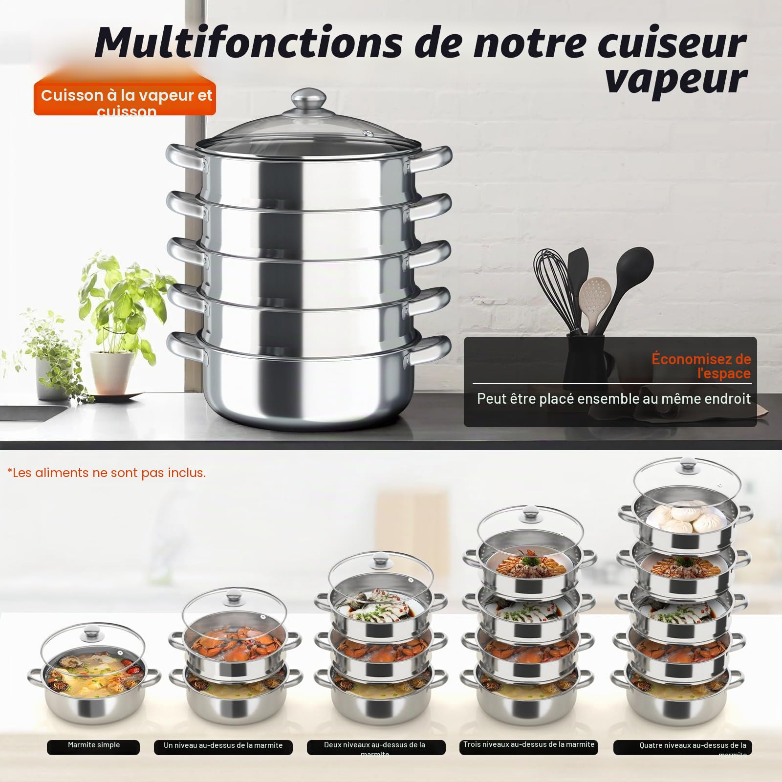 Cuiseur vapeur, 5 couches, 30 cm, multifonction, en acier inoxydable, avec couvercle en verre, vapeur en acier inoxydable, argenté, pour tous les types de cuisinières telles que l'induction, la