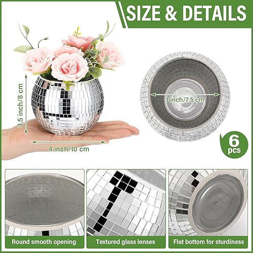 Miniatura 2 de Jinei 12 jarrones de discoteca a granel, espejo plateado, bola de discoteca, flores, bola de cristal, soporte para velas, jarrón de vidrio para mesa