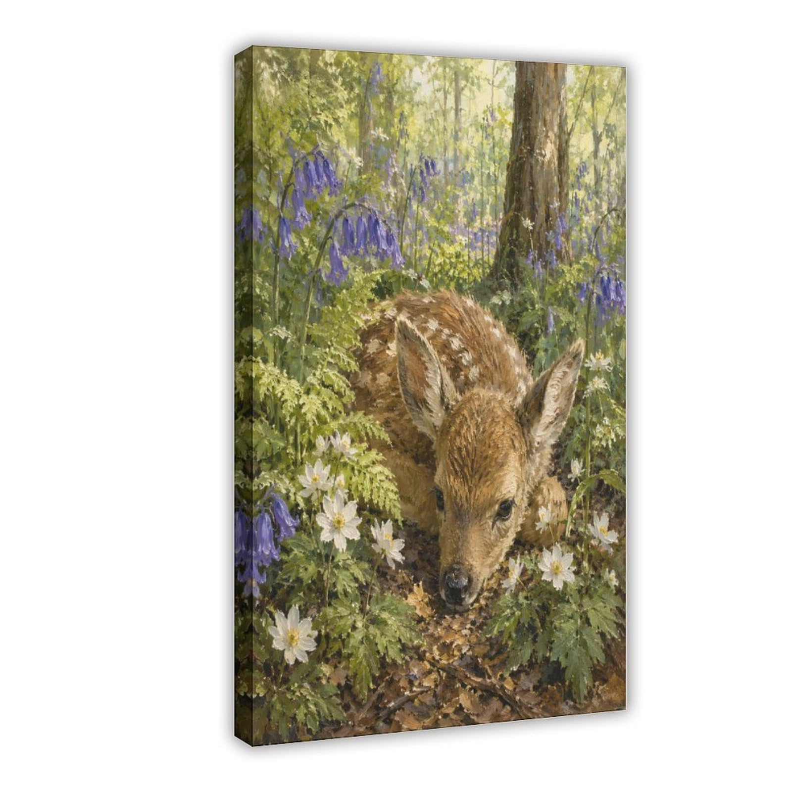 W7c8u2x3 Frame-Style-14 Fawn In Bluebell Forest Canvas Wall Art, Woodland Wildlife Entryway